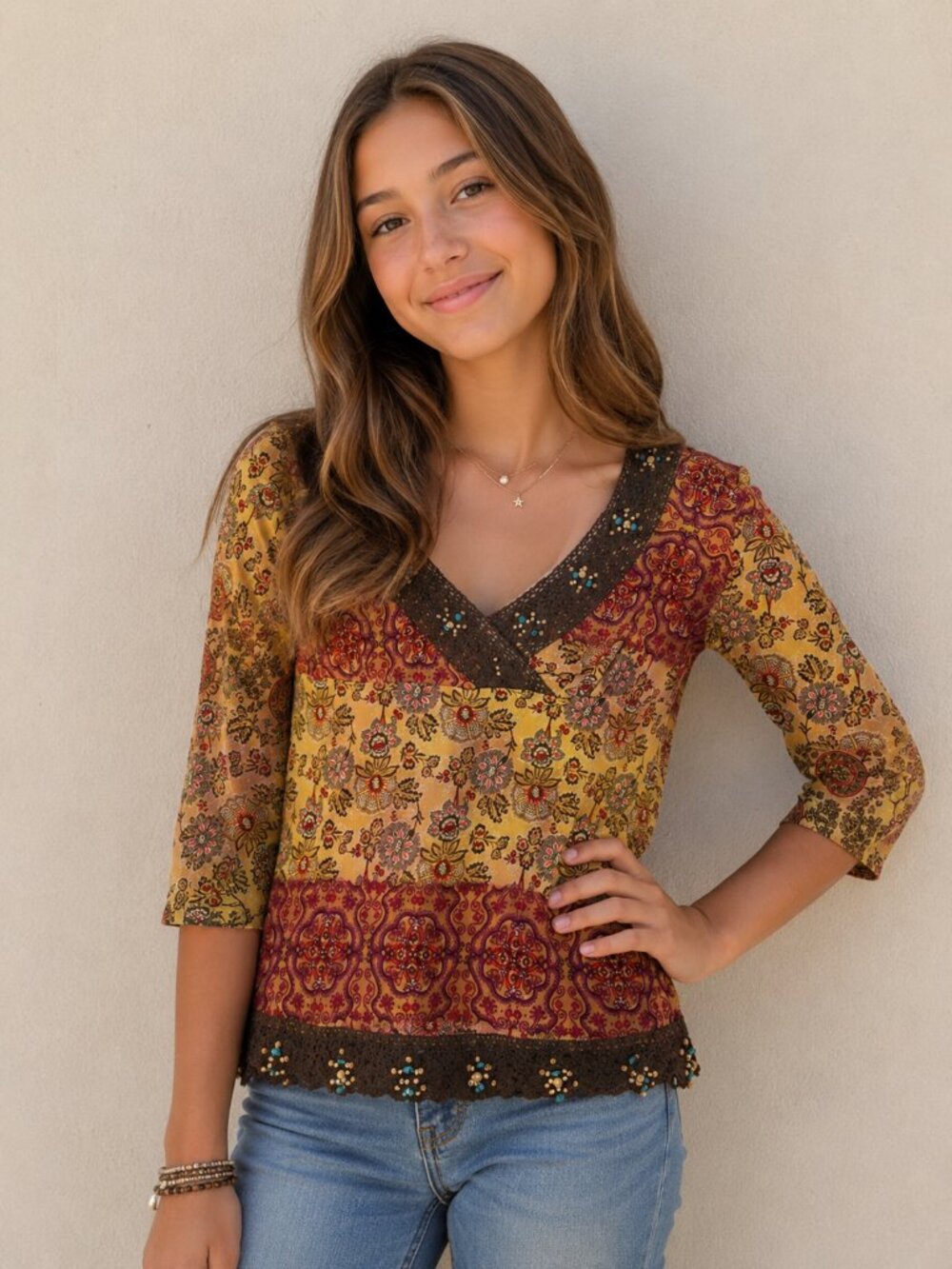 Vintage Y2K JTB Size S Funky Floral Hippie Blouse Beaded Top Crochet Lace V Neck